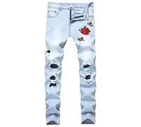 Générique Hommes Shredded Fleur à Fourche Jeans Breaking Hole Impression Slim Jeans Rose Droite élastique Breaking Hole Jeans (Bleu Clair,29)