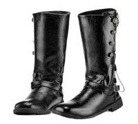 Générique Hommes Talon Bloc Bottes Vintage Victoriennes Bout Rond Cuir PU Bottes Gothiques De Moto À Enfiler Botte Hautes Au Genou avec Bouton,Noir,43 EU