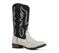 Générique Hommes Talon Plate Bottes Western Cowboy À Enfiler Bottes Mi-Mollet avec Broderie Cousu Bout Rond Cuir PU Botte Longues,Blanc,42.5 EU