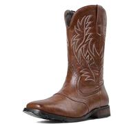 Générique Hommes Talon Plate Bottes Western Cowboy À Enfiler Bottes Mi-Mollet avec Broderie Cousu Bout Rond Cuir PU Botte Longues,Marron,44 EU