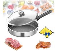 Générique Honeycomb Non-Stick Stainless Steel Frying Pan, Stainless Steel Honeycomb Nonstick Fry Pan with Lid, No Coating Nonstick for Eggs Steak, Suitable for All Stoves (Silver,11 in)