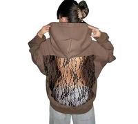 Générique Hoodie Hollow Mesh Back Women's Open Back Sweatshirt with Loose Fit, Cropped Causal Hollow Out Hooded Top with Pocket (Brown2,TG)