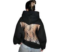 Générique Hoodie Hollow Mesh Back Women's Open Back Sweatshirt with Loose Fit, Cropped Causal Hollow Out Hooded Top with Pocket (Black2,S)
