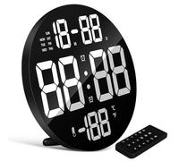 Générique Horloge Murale numérique LED avec Alarme, écran Large Rond, télécommande, Affichage Date et température, Plastique Noir, pour Chambre