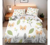 Générique Housse de Couette 1 Personne Shiba Inu Feuilles Parure de lit 140x200 Enfant avec Fermeture Éclair Peinture Dessin Animé Motif Doux Microfibre 3 Pièces Literie avec 2 Taies d'oreiller 50x75
