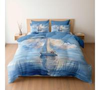 Générique Housse de Couette 140 x 200 Aquarelle Mer Voilier Ciel Bleu Nuages, Haut de Gamme Parure de Lit et 2 x Taie d'oreiller, Lot de 3, Bleu Ciel, Linge de Lit en Microfibre avec Fermeture Éclair