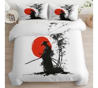 Générique Housse de Couette 140 x 200 cm Peinture À L’Encre Japonaise Samouraï Bambou Parure de Lit en Microfibre Douce, Blanc Housse Couette avec Fermeture Éclair pour Enfant Ado et Adulte