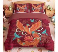 Générique Housse de Couette 140 x 200 cm Style Chinois Motif, Rouge Réversible Sets de Housses de Couettes, Adulte Cadeau, Phénix Oriental Mythologie Parure de lit 120g/㎡ Microfibre