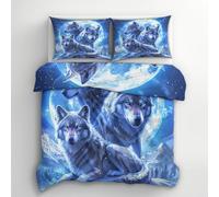 Générique Housse de Couette 140x200 Loup Lune - Parure de Lit Animaux Sauvages Fantaisie 1 Personne Decoration Chambre, 1 Taie d'oreiller 65x65, Zippée, Reversible, Microfibre T2J-A11