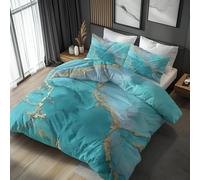 Générique Housse de Couette 140x200 Marbre Turquoise, 1 Personne - Parure de Lit Motif Or Bleu Aqua, Decoration Chambre, 1 Taie d'oreiller 65x65, Zippée, Microfibre N&-4042