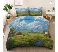Générique Housse de Couette 140x200 Montagne Pâturage, Réversible Parure de Lit Montagne Enneigée Cabane 1 Personne, Ensemble de literie Microfibre avec Fermeture Éclair + 1 Taie d'oreiller 65x65