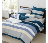 Générique Housse de Couette 140x200 Rayures Parure de Lit 140x200 Microfibre Doux et Confortable Housse Couette Enfant Bleu Marine avec 2 Taie Oreillers 65x65 QH2565