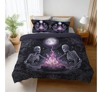 Générique Housse de Couette 155 x 220 cm, Feu de Camp Tête de Mort Lune Parure de Lit en Microfibre Douce avec Taies d’Oreiller, Couette Cover avec Fermeture Éclair, Facile d’Entretien Noir