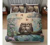 Générique Housse de Couette 160x200 Couples Chouette, Microfibre Parure de Lit Motif Nature Forêt Réversible, avec Fermeture Éclair, 2 Taies d'oreiller 65x65 (2Ym137)
