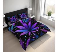 Générique Housse de Couette 160x200 Feuille de Cannabis - Parure de Lit Bleu Violet Herbe Trippante, Zippée Microfibre Réversible Parure Housse Couette avec 2 Taies d'oreiller