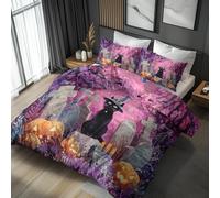 Générique Housse de Couette 160x200 Halloween Enfant - Parure de Lit Citrouille Sorcière Chat Noir 2 Personnes Decoration Chambre, 2 Taies d'oreiller 65x65, Zippée, Reversible, Microfibre (f22-z)