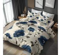 Générique Housse de Couette 160x200 Imprimée Plante Fleur Bleue, 2 Personnes, Parure de Lit Retro Blumenmuster, Decoration Chambre, 2 Taies d'oreiller 65x65, Zippée, Microfibre GYE79