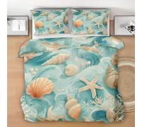 Générique Housse de Couette 160x200 Plage Océan, Réversible Parure de Lit Coquillage Étoile de Mer, Ensemble de literie Microfibre 3 Pièces avec Fermeture Éclair + 2 Taie d'oreiller 65x65cm H13n