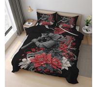 Générique Housse de Couette 160x200 Samouraï Japonais Parure de Lit 160x200 Fleur Asiatique Oriental, Douce Microfibre Housse de Couette avec 2 Taie Oreiller, Zippée 21D&-36