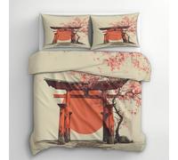 Générique Housse de Couette 160x200 Samouraï Japonais - Parure de Lit Soleil Rose Anime Asiatique 2 Personnes Decoration Chambre, 2 Taies d'oreiller 65x65, Zippée, Reversible, Microfibre (k17-L)