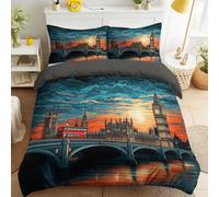 Générique Housse de Couette 180 x 220 cm en Microfibre Ultra Douce Dramatique Retro Londres Big Ben Bus Pont Ville Urbain Parure de Lit Adulte 2 Personnes avec Fermeture Éclair + 2 Taies d’Oreiller