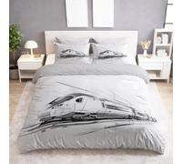 Générique Housse de Couette 200 x 200 cm Adulte et Enfant Croquis Train Moderne, Parure de Lit en Microfibre Douce Blanc, Set de Literie Réversible avec Fermeture Éclair et Taie d’Oreiller