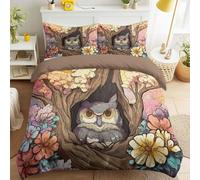 Générique Housse de Couette 200 x 200 cm, Animal Chouette Mignonne Fleurs Creux d'arbre pour Enfants, Rose, Bande Dessinée, Parure de Lit en Microfibre Douce avec Fermeture Éclair, Anti-Froissement