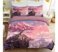 Générique Housse de Couette 200 x 200 cm Anime Paysage, Parure de Lit 2 Personne pour Lit Drap Housse, Sakura Ciel Ensemble Parure de draps 4 Pieces avec 2 Taie d'oreiller