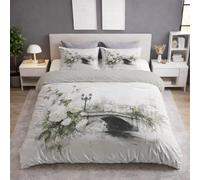 Générique Housse de Couette 200 x 200 cm - Parure de lit 200 x 200 cm 3 Pièces + 2 Taies d'oreiller 65 x 65 cm, Microfibre Douce pour la Peau, Anti-froissement, Gris, Simple Floral Pont en Arche