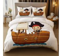 Générique Housse de Couette 200x200 Bateau Pirate, Blanc Parure de Lit, Housse Couette 3 Pièces en Microfibre, Fermeture Zippée (Comprenant Deux Taies d'oreiller, 65x65 cm) AH850