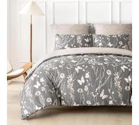 Générique Housse de Couette 200x200 Fond Gris avec Fleurs, Plantes et Papillons Parure Lit Microfibre Housse Couette et 2 Taies d'oreiller 65x65, Fermeture éclair, Hommes Femmes Style Rétro HP101