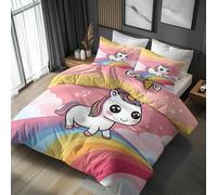 Générique Housse de Couette 200x200 Imprimée Licorne Mignon Arcs-en-Ciel, 2 Personnes, Parure de Lit Licorne Dessin Animé Enfant, Decoration Chambre, 2 Taies d'oreiller 65x65, Zippée, Microfibre WUX34
