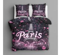 Générique Housse de Couette 200x200 Paris Tour Eiffel, 2 Personnes - Parure de Lit Motif Cœur Rose, 2 Taies d'oreiller 65x65, Zippée, Microfibre Doux, Decoration & Cadeaux FxH148
