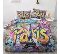 Générique Housse de Couette 200x200 Paris Tour Eiffel - Parure de Lit 2 Personnes Motif Graffiti avec Fermeture éclair - Ensemble de Literie en Microfibre Douce avec 2 Taies d'oreiller X%-172