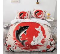 Générique Housse de Couette 200x200 Poisson Koi Parure de Lit 200x200 Microfibre Doux et Confortable Housse Couette Rouge et Blanc avec 2 Taie Oreillers 65x65 QC1240