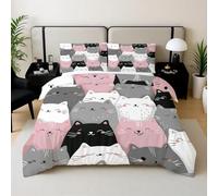 Générique Housse de Couette 200x200 Visage de Chat Parure de Lit 200x200 Microfibre Doux et Confortable Housse Couette Rose-Gris avec 2 Taie Oreillers 65x65 QD1216