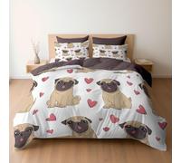 Générique Housse de Couette 220 x 240 Chiot Carlin Mignon Cœur, Haut de Gamme Parure de Lit et 2 x Taie d'oreiller, Lot de 3, Mauve, Linge de Lit en Microfibre avec Fermeture Éclair