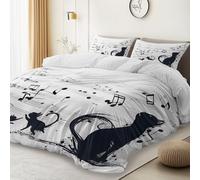Générique Housse de Couette 220 x 240 cm avec 2 Taie Oreiller 65x65 cm - Blanc - Parure de Lit Mystère Note De Musique Chat Adulte Enfant en 100% Microfibre Literie avec Fermeture éclair