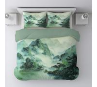 Générique Housse de Couette 220 x 240 CM avec 2 Taie Oreillers 80 x 80 CM Vert Aquarelle Paysage rivière Ensemble de Literie en Microfibre Ensemble de 3 pièces avec Fermeture éclair