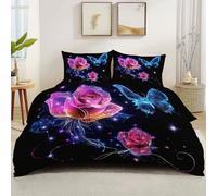 Générique Housse de Couette 220 x 240 cm avec 2 taies d'oreiller Noir - Parure de lit Douce et Respirante en Microfibre Haut de Gamme, Confortable Fantaisie Fleurs Papillons