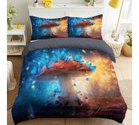 Générique Housse de Couette 220 x 240 cm Bleu Orange Surréaliste Douce Facile d'entretien Parure de Lit avec 2 Taies Oreillers Champignon Géant Papillons Lucioles Fantaisie Magique Parure de Couette