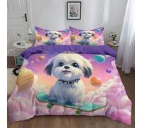Générique Housse de Couette 220 x 240 cm, Microfibre Imprimée 65 x 65 cm, Certifié sans Produits Chimiques, Parure Housse Couette avec 1 Taie d'oreillerVioletDessin Animé Espace Chiot sur Skateboard