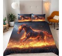 Générique Housse de Couette 220x240 cm + 2 Taies d'oreillers 50x75 Ensemble de Literie 3D Flame Dark Style Horse Motif Microfibre Parure de lit 220x240 Set avec Fermeture éclair et Attaches de Coin