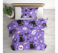 Générique Housse de Couette 220x240 Halloween Enfant - Parure de Lit Bonbon Violet Chat Noir Crâne 2 Personnes Decoration Chambre, 2 Taies d'oreiller 65x65, Zippée, Reversible, Microfibre (p34-z)