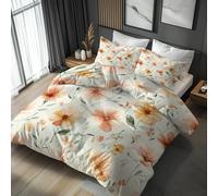 Générique Housse de Couette 220x240, Motif Fleurie Beige, 2 Taies d'oreillers 65x65, Parure de Lit Reversible Floral Aquarelle, 2 Personnes, Linge de Lit Microfibre avec Zippée -d205