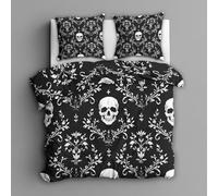 Générique Housse de Couette 220x240 Tête de Mort - Motif Damassée Crâne Parure de Lit 2 Personnes avec Fermeture éclair, Linge de Lit Gothique, Microfibre, 2 Taies d'oreiller 65x65cm - to41