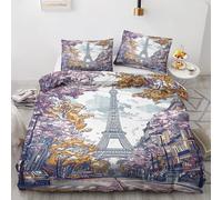 Générique Housse de Couette 220x240 Tour Eiffel, Parure de Lit 2 Personne Imprimée Motif Paris, Ensemble de Literie en Microfibre Douce, 2 Taie d'oreiller 65x65, avec Fermeture éclair (L&-3701)