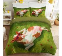 Générique Housse de Couette 240 x 220 cm 3D Animal Allongé Herbe Vache, Parure de Lit Microfibre Doux avec Taie d'oreiller, Réversible Zippée, Tailles Adultes, Vert Aquarelle