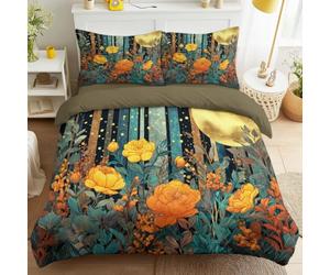 Générique Housse de Couette 240 x 220 cm Floral Forêt, Parure de Lit 2 Personne pour Lit Drap Housse, Fantaisie Herbe Rayures Ensemble Parure de draps 4 Pieces avec 2 Taie d'oreiller