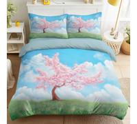 Générique Housse de Couette 240 x 220 cm Nature Printemps, Parure de Lit 2 Personne pour Lit Drap Housse, Prairie Cerisier Sakura Ensemble Parure de draps 4 Pieces avec 2 Taie d'oreiller